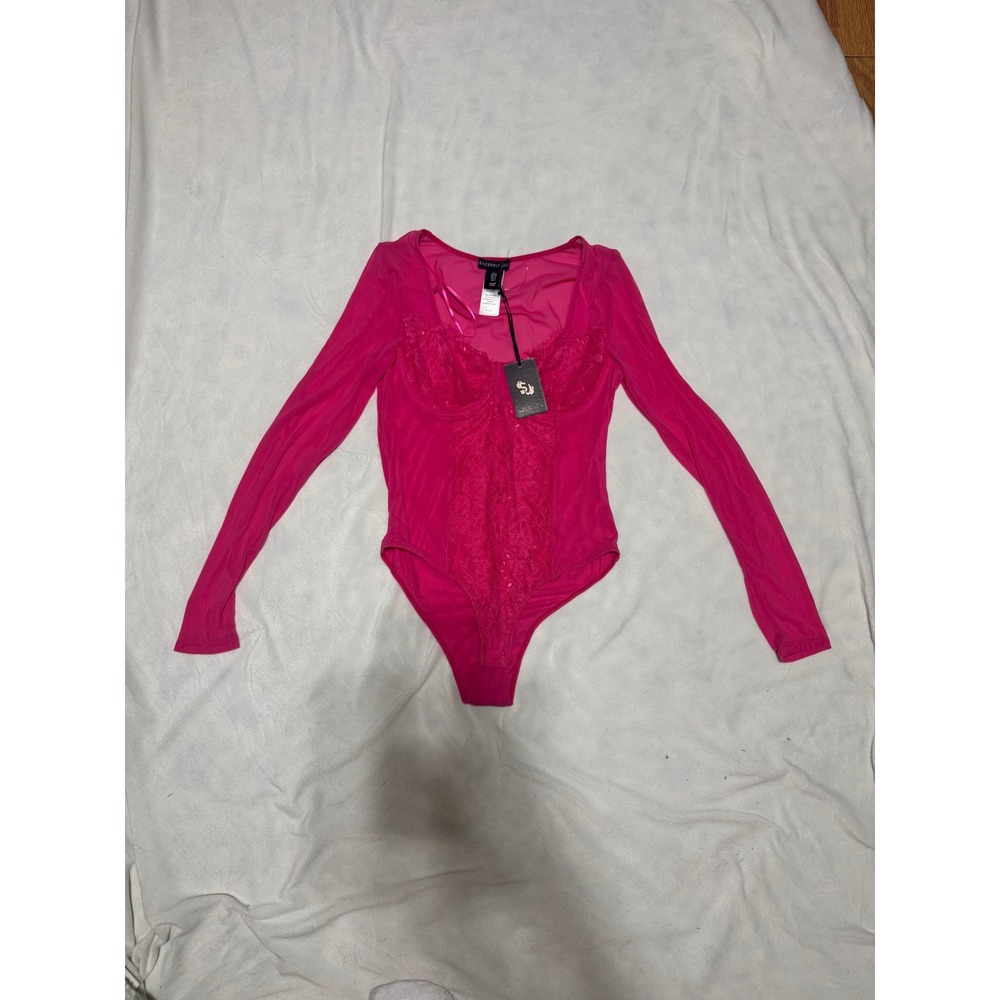 Sincerely Jules Hot Pink Lace Mesh Long Sleeve Bodysuit Small NWT